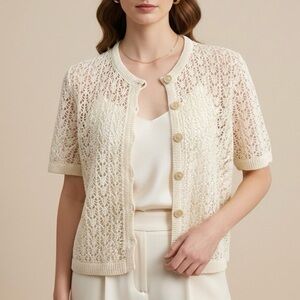 HANDMADE NORTHERN SILK Handcrafted Crochet Lace Cotton Linen Cardigan Cream